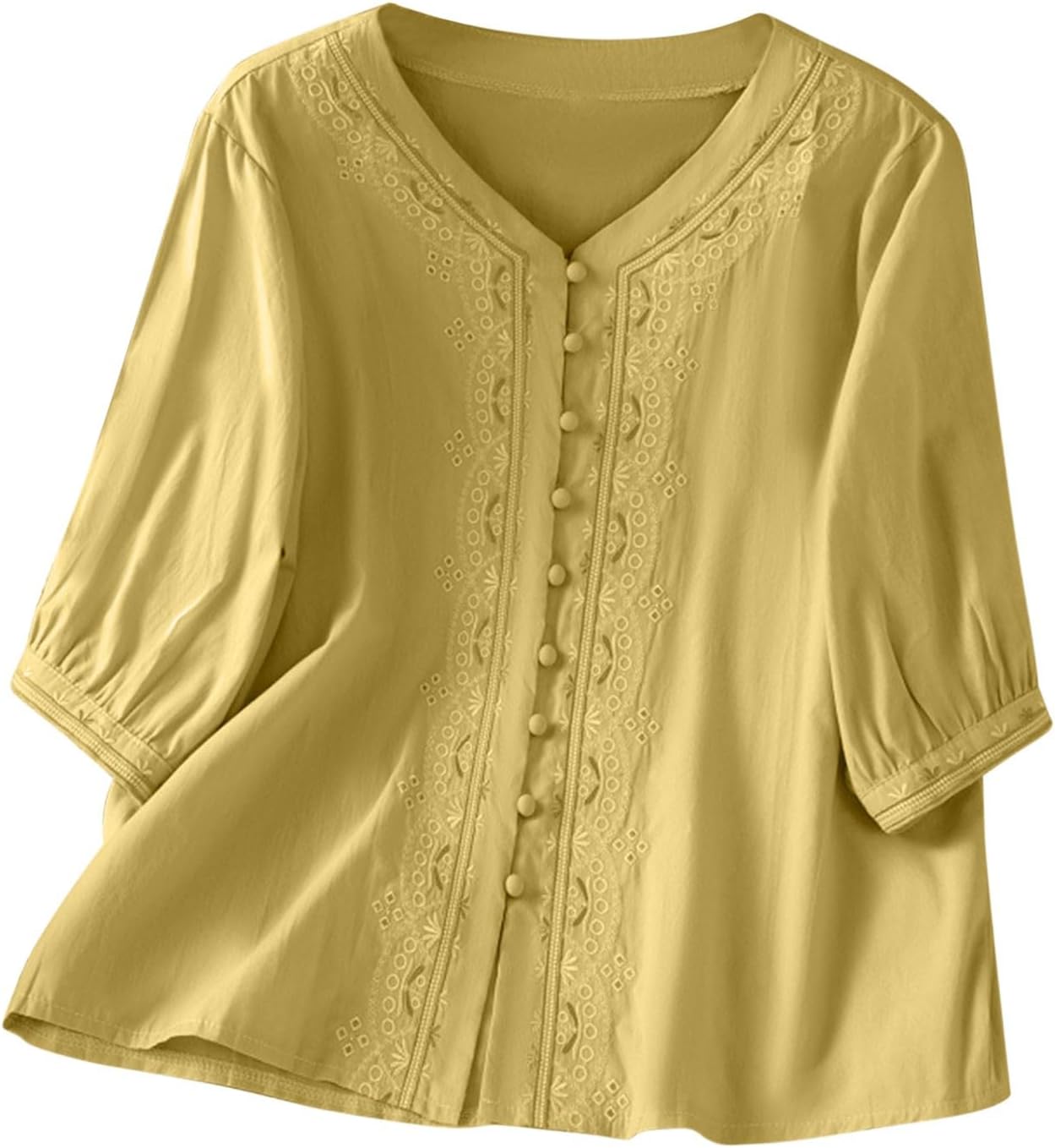 Kvinnors boho toppar bomull linne halvärm v-ringad retro broderade skjortor groda knapp kinesisk stil skjorta damer lös ledig sommar topp