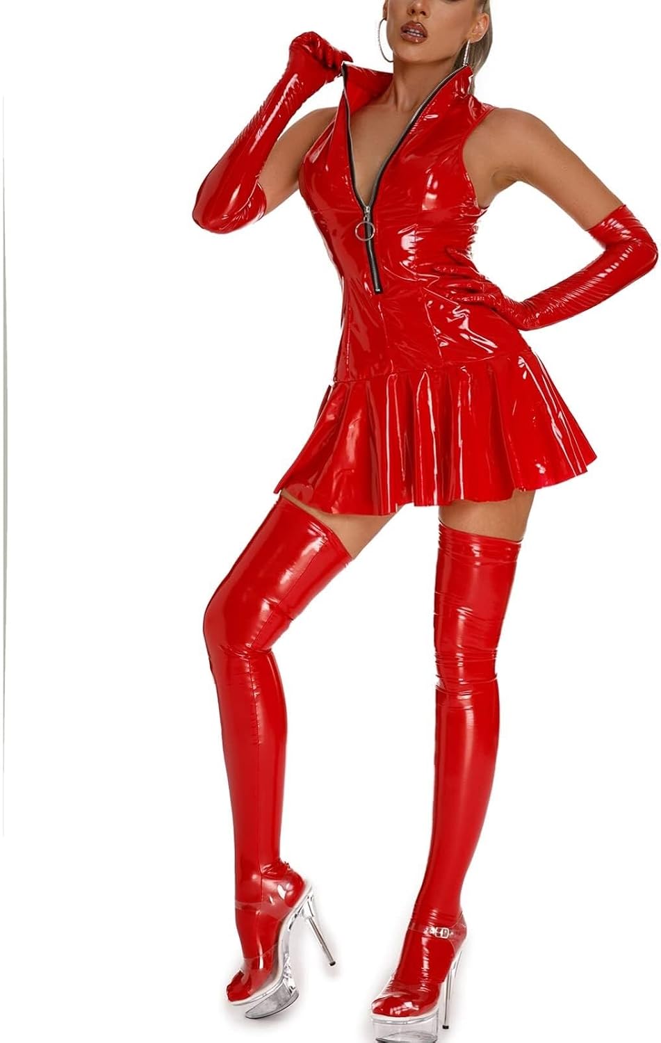 PVC Bodysuit Latex Catsuit Glänsande Metallic Långärmad Grimma High Cut Dragkedja Rygglös Leotard Unitard
