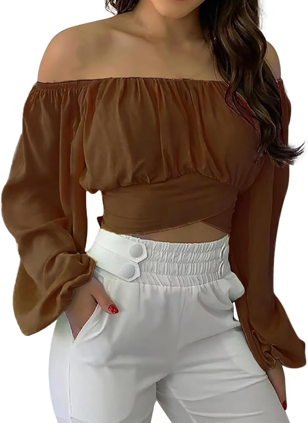 Off Shoulder Dam Crop Top Elegant Lanternärm Långärmad Rynkad Knytskärp Blus Sexy Shirt Semester Party Clubwear