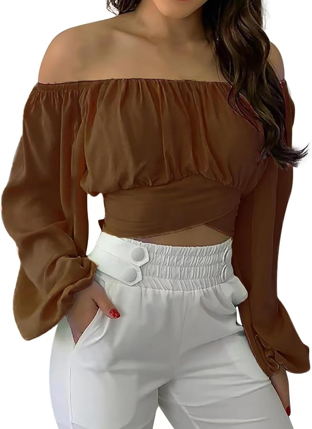 Off Shoulder Dam Crop Top Elegant Lanternärm Långärmad Rynkad Knytskärp Blus Sexy Shirt Semester Party Clubwear