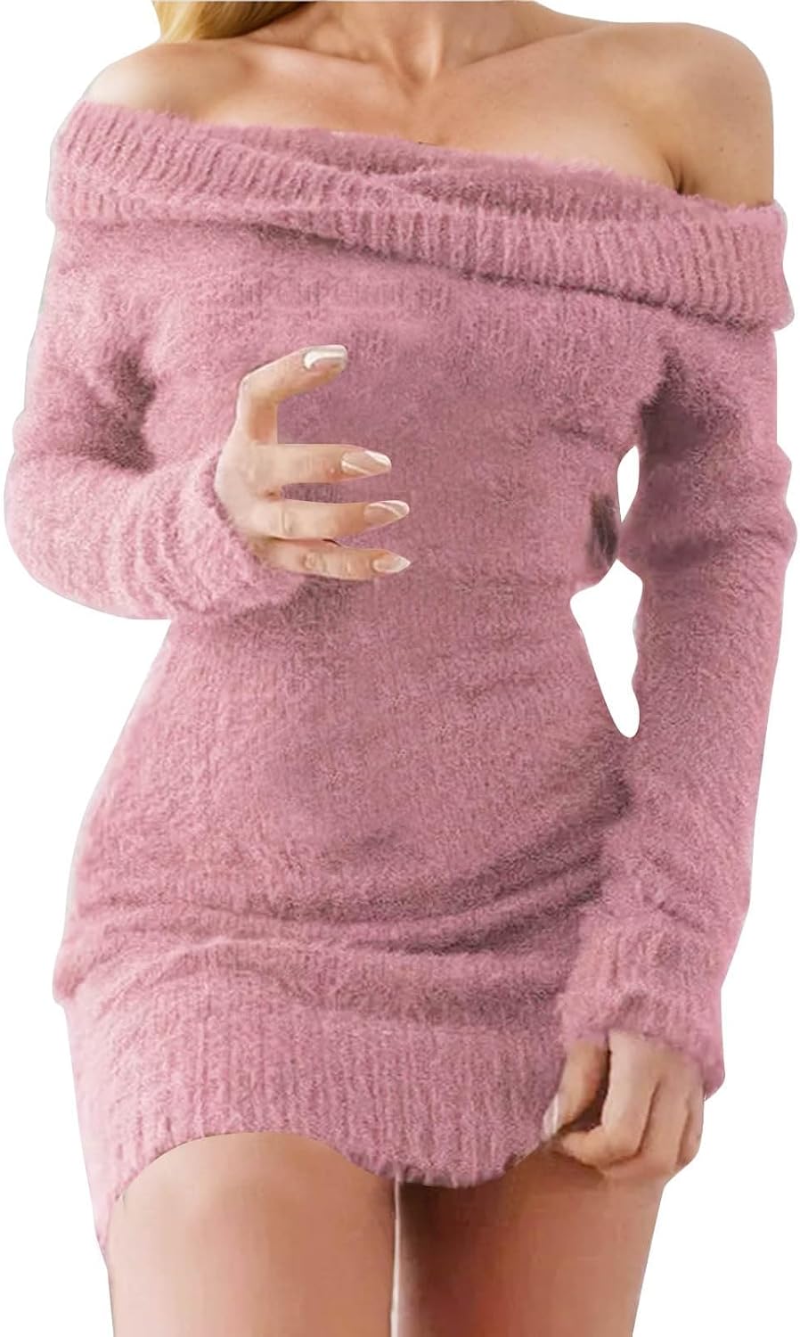 Stickad klänning för kvinnor off-shoulder-bodycon-tröja med långa ärmar för vintersemester