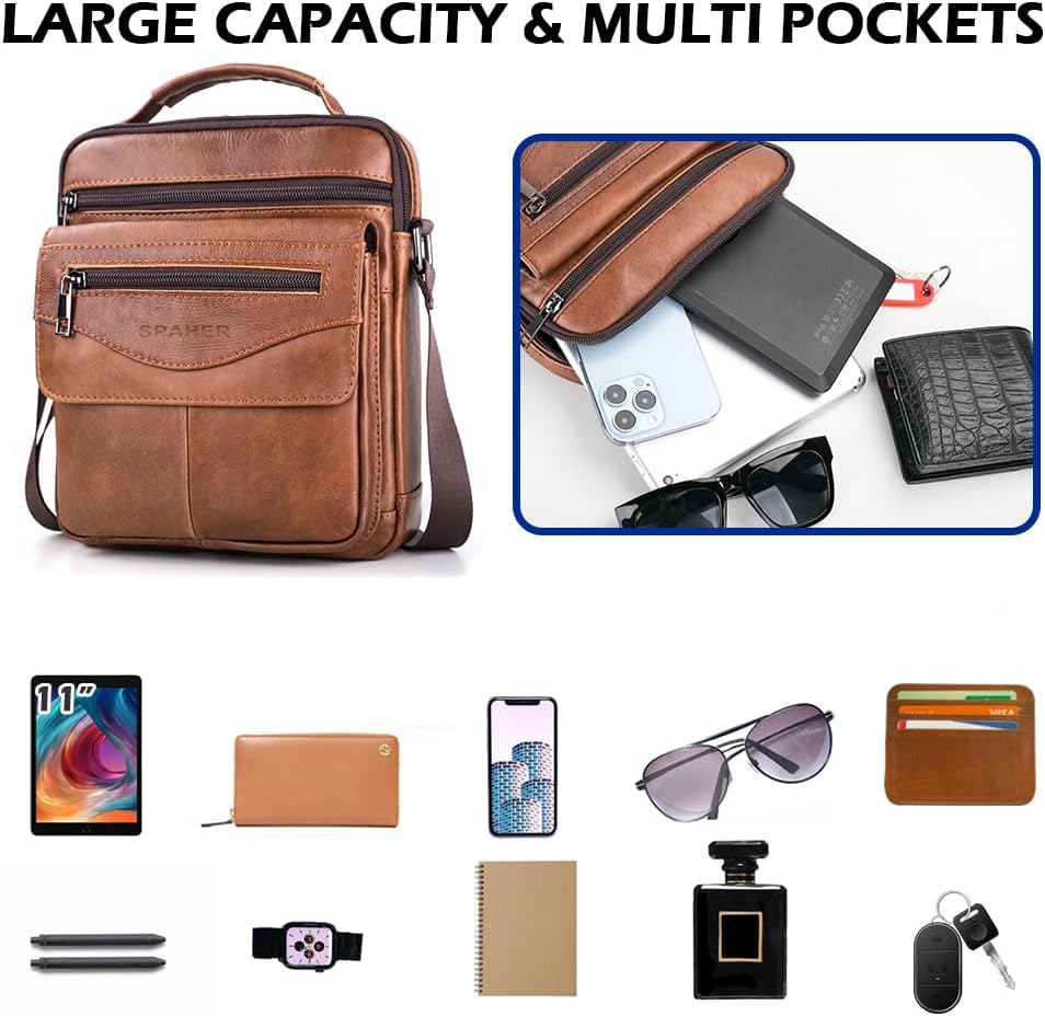 SPAHER Stor Herr Läderväska Handväska Axelväska Företag Kurirväska Cross Body Casual Sling Arrangör Reseväska För plånboksfodral med Topphandtag och Justerbar Rem Brun