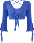 inlzdz Dam magdans topp 3/4 ärmar magfri blus topp cardigan med tofsar långärmad bolero Shrug topp rygglös crop top axeljacka festlig magdans kostym