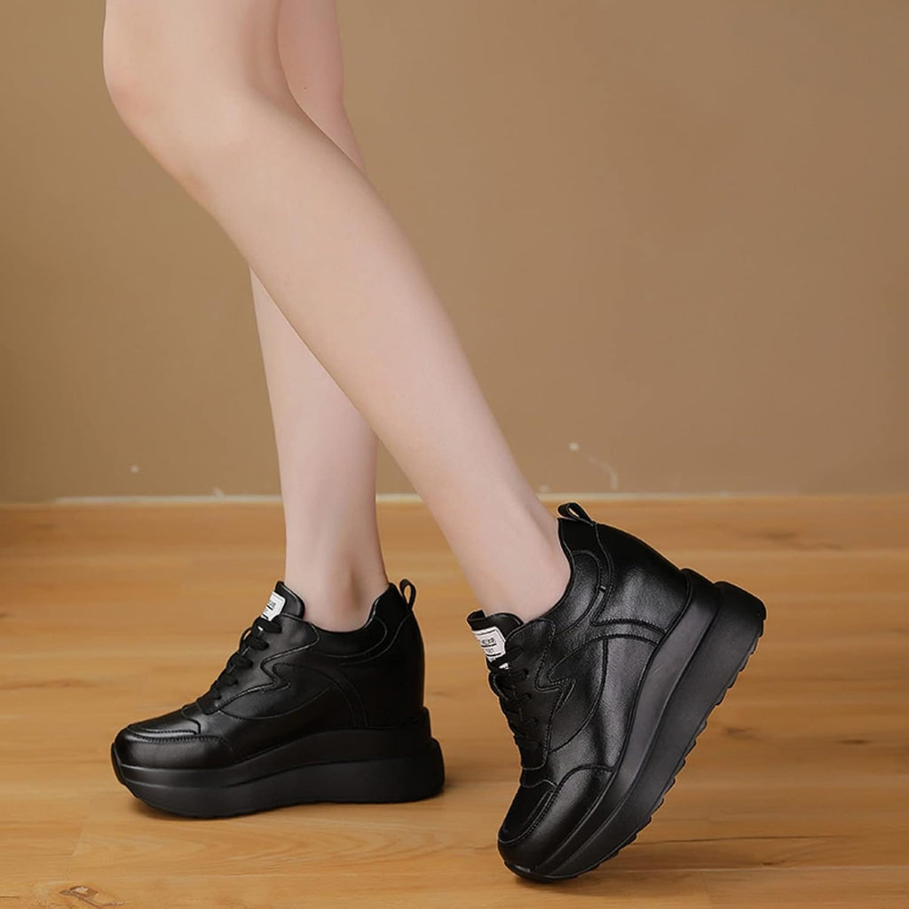 AONEGOLD Plattformssneakers med hög dold häl, kilsneakers, läderöverdel, mode snörningar, ökar 10 cm