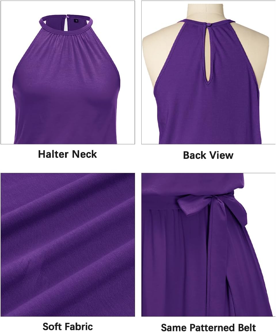 Newshows Sommarklänning för damer, halterneck-klänning, ärmlös klänning i ledig stil, solklänning med volang, klänning med fickor