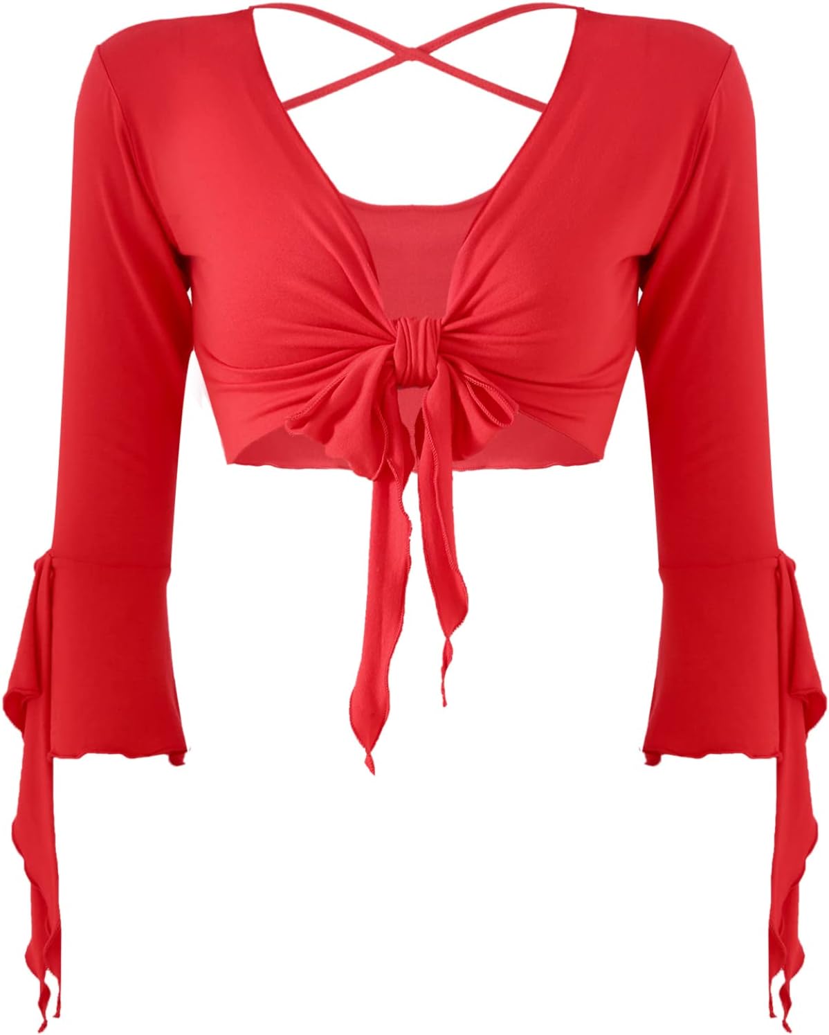 inlzdz Dam magdans topp 3/4 ärmar magfri blus topp cardigan med tofsar långärmad bolero Shrug topp rygglös crop top axeljacka festlig magdans kostym