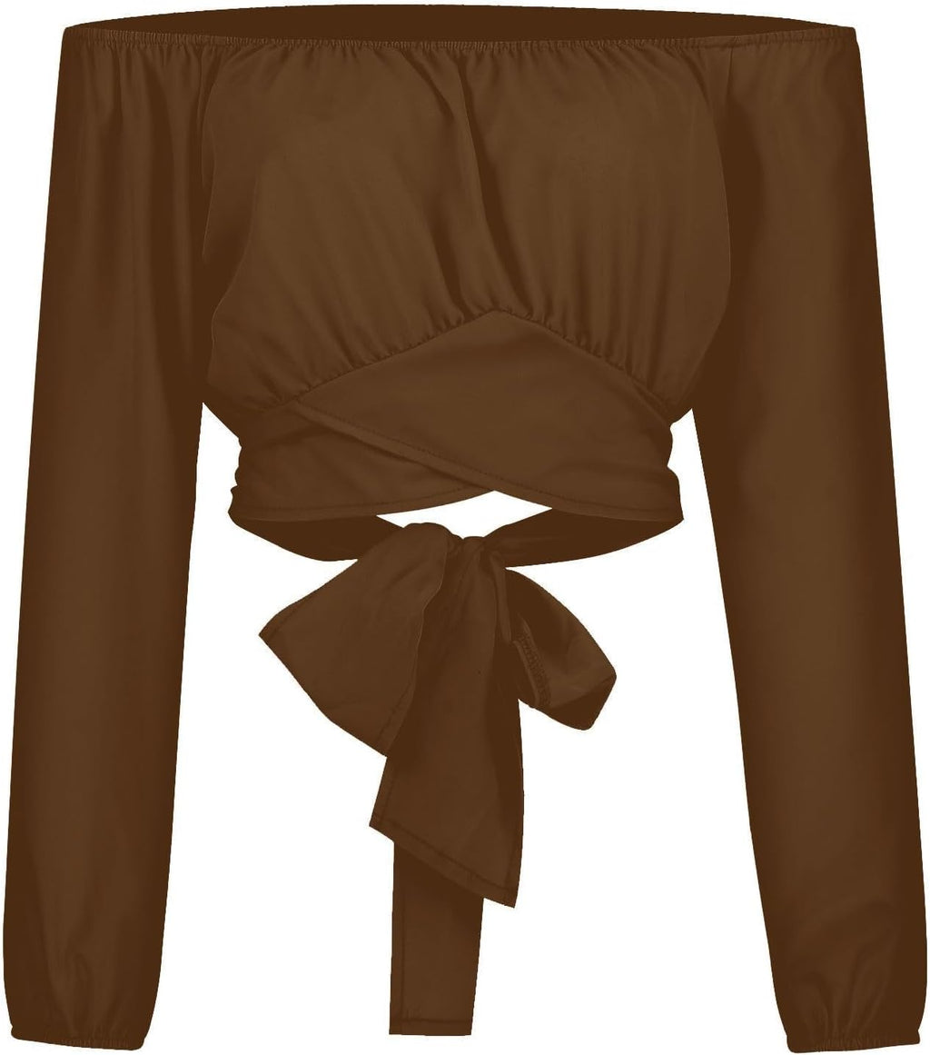 Off Shoulder Dam Crop Top Elegant Lanternärm Långärmad Rynkad Knytskärp Blus Sexy Shirt Semester Party Clubwear