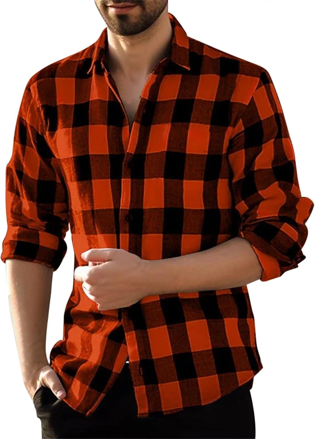 Långärmad vardaglig rutig flanellskjorta, rutig tartan button-down-skjortor för män nedfällbar krage mode avslappnad skjorta med knappar urban stilren herr toppar avslappnad smart långärmad