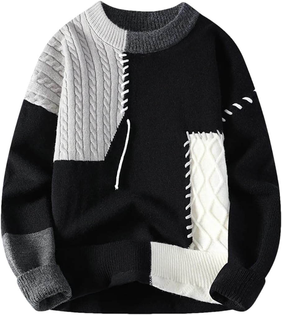 Fnfmrfmr Stickad herrtröja med lappverk rund hals varm hip-hop street pullover tröjor toppar