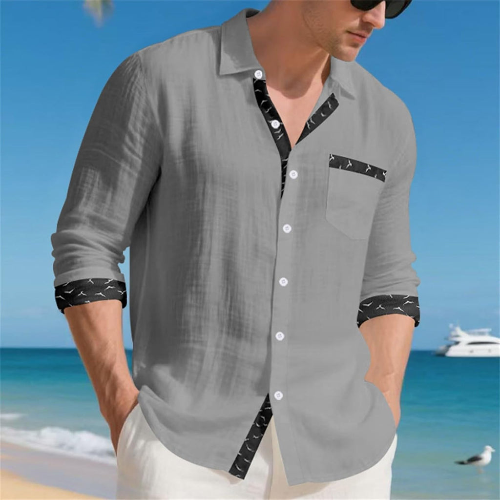 Herrskjorta linne hawaiiansk skjorta herr andningsbar skjorta långärmad chic skjorta överdimensionerad sommartopp med krage ledig minimalistisk baggy topp