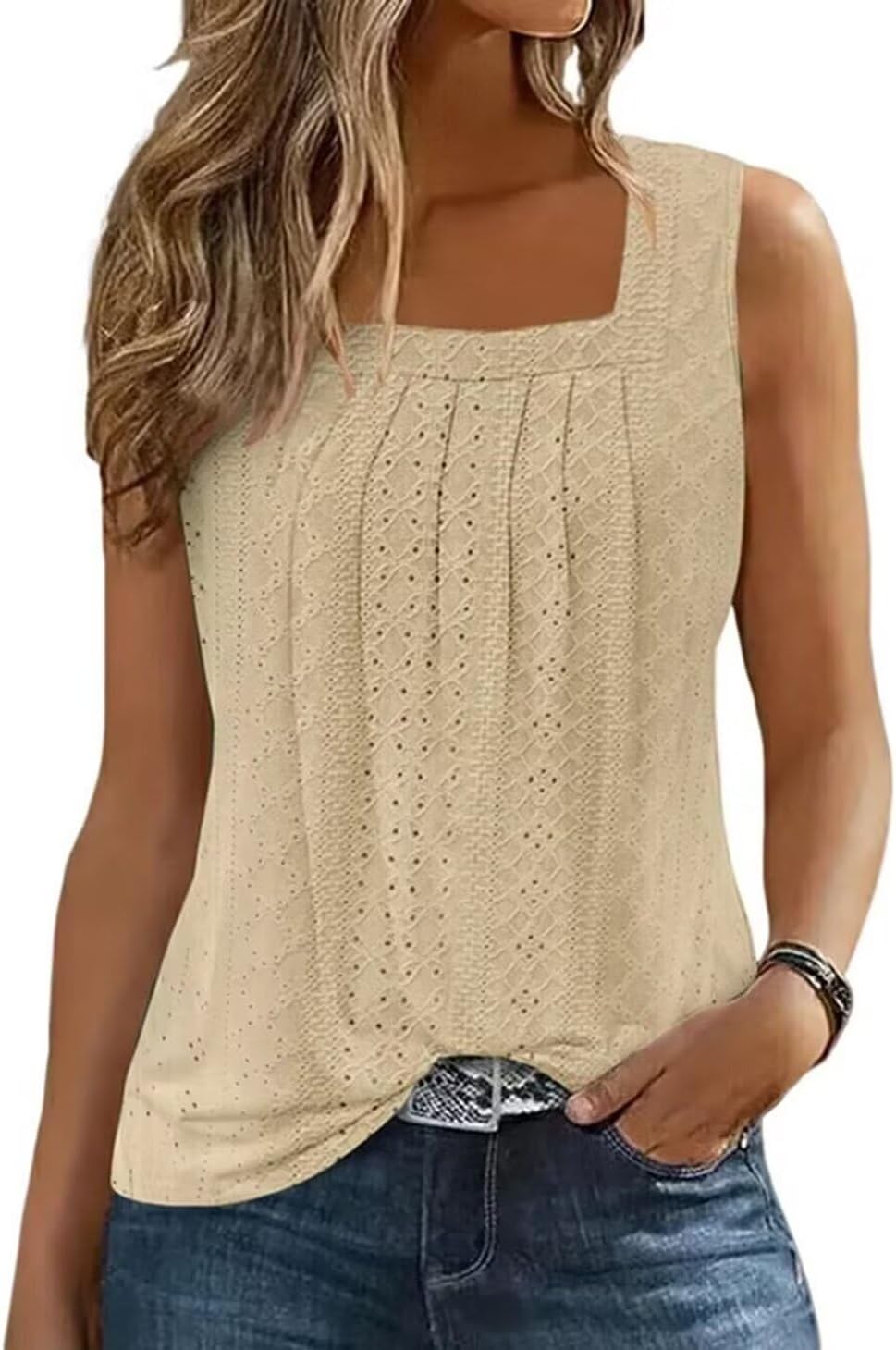 AIMITAG Färgblock veckad fyrkantig krage linne kvinnor randig tank t-shirt sommar ledig lös passform ärmlös skjorta