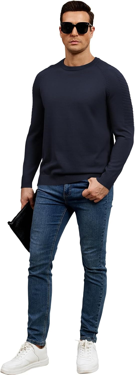herr rund hals raglan långärmad jumper enfärgad termisk stickad pullover axel ribbning detalj 100 % bomull klassiska stickade kläder höst vinter