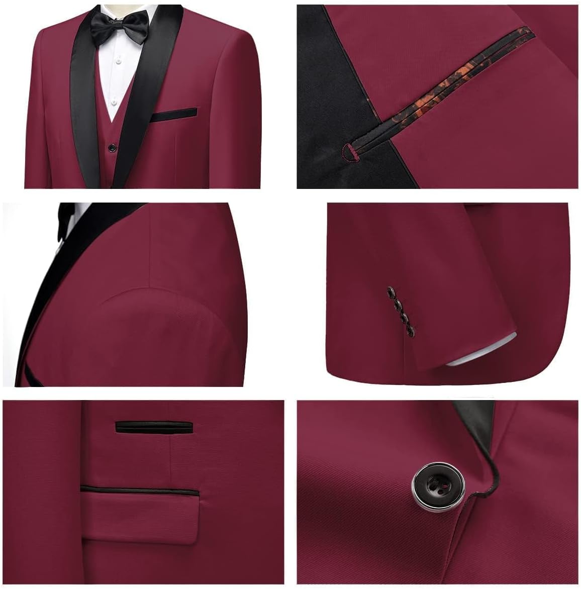 Herrar 3 stycken kostym slim fit en knapp halsduk revers för bröllop bal kavaj väst byxor set