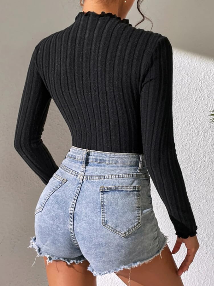 Generisk body damer långärmad elegant sexig basic stickad ribbad bodysuit jumpsuit tajt V-ringning polotröja dambody onepiece overall bodycon bodies bodysuit för kvinnor