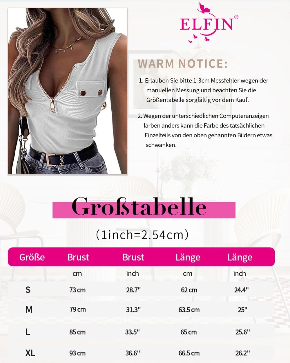 ELFIN Ärmlös linne ribbad sommar sexiga toppar dragkedja stretch väst smal passform basic skjorta ribbade toppar