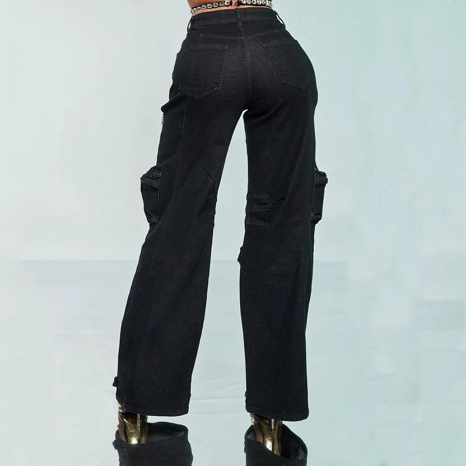 Kvinnor Baggy Ripped Jeans Strass High Waisted Cargo Jeans med Lockfickor Y2k Byxor med Vida Ben Streetwear Ripped Raka Jeans Sexiga Trendiga Jeans