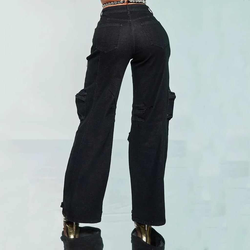 Kvinnor Baggy Ripped Jeans Strass High Waisted Cargo Jeans med Lockfickor Y2k Byxor med Vida Ben Streetwear Ripped Raka Jeans Sexiga Trendiga Jeans
