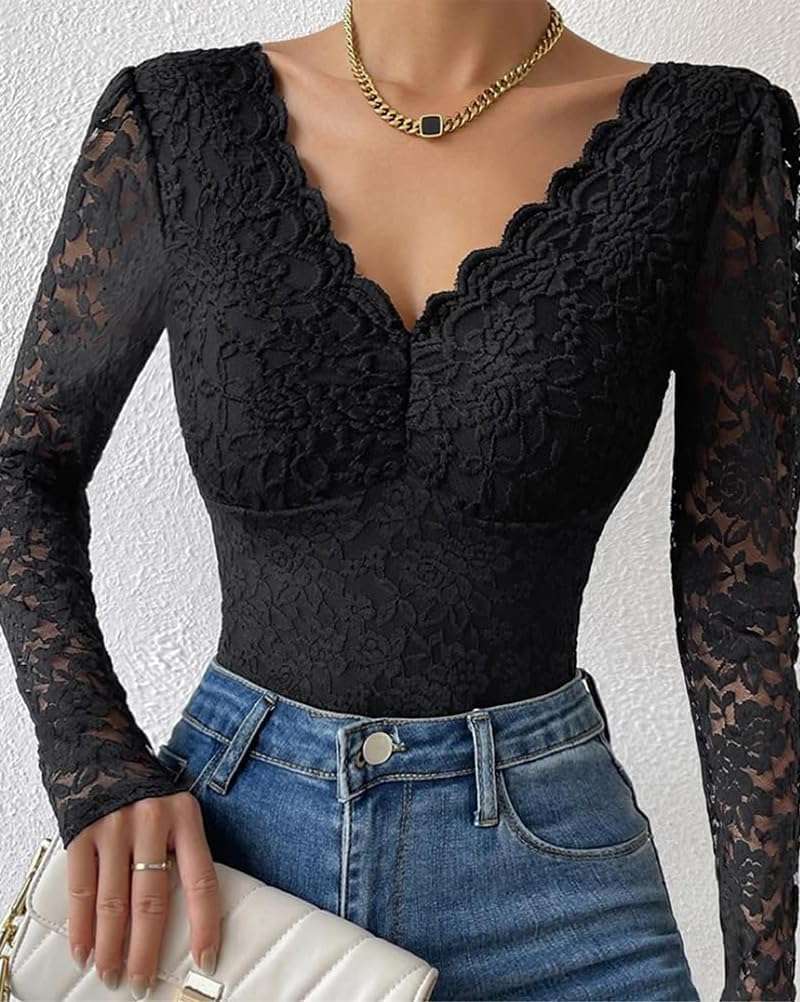 Generisk dambody med spetsar, långärmad eleganta bodys, sexig jumpsuit, toppar, bodysuit, stringtrosa, långärmad body, basic undertröja, V-ringad, party, topp, bustier, ledig, chic, body, spets, damer