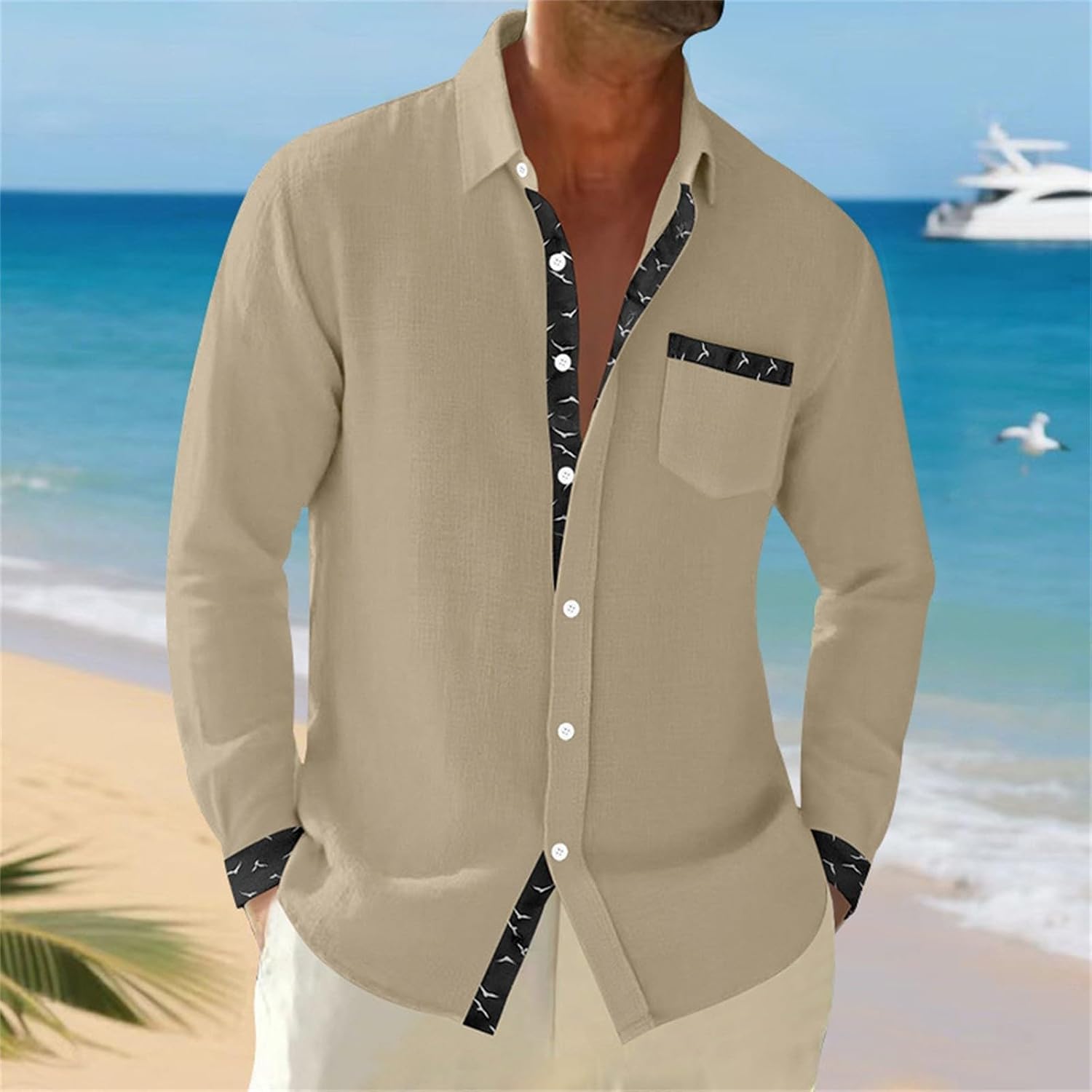 Herrskjorta linne hawaiiansk skjorta herr andningsbar skjorta långärmad chic skjorta överdimensionerad sommartopp med krage ledig minimalistisk baggy topp