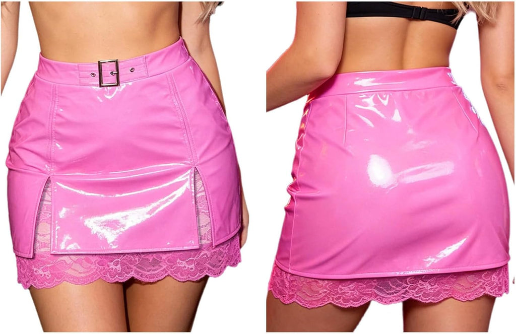 Hansber Dam Skrygga Metallisk Zip Up Split Skirt Bodycon Teddy Vinyl Stretch Miniskirt Pvc Våt Utseende Leather Clubkläder