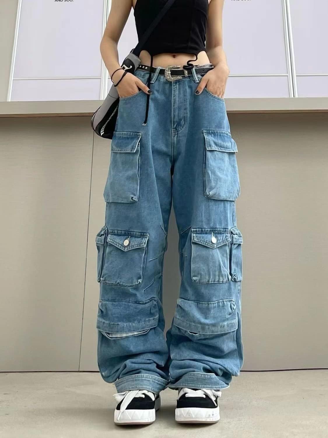 Kvinnor Y2k-jeans, gothstil, byxor i punkig emostil, säckiga, utsvängda jeans, breda ben, Harajuku grunge-byxor, hiphop-kläder