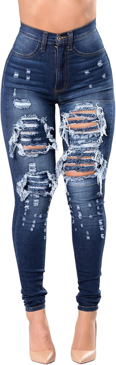 Dam Skinny förstörda rippade hål denimbyxor lång stretch pennjeans hög midja jeans