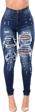 Dam Skinny förstörda rippade hål denimbyxor lång stretch pennjeans hög midja jeans