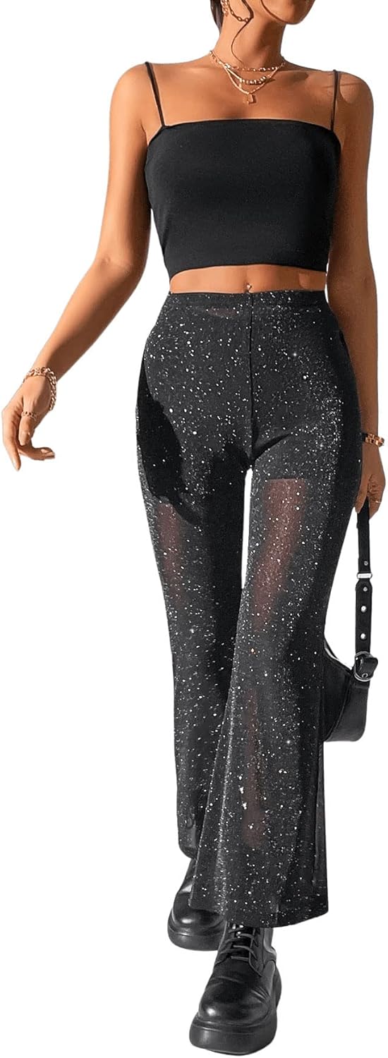 GORGLITTER Nätbyxor, dam, genomskinliga utsvängda byxor med hög midja, glitterbyxor, långa festbyxor, glitter, utsvängda byxor