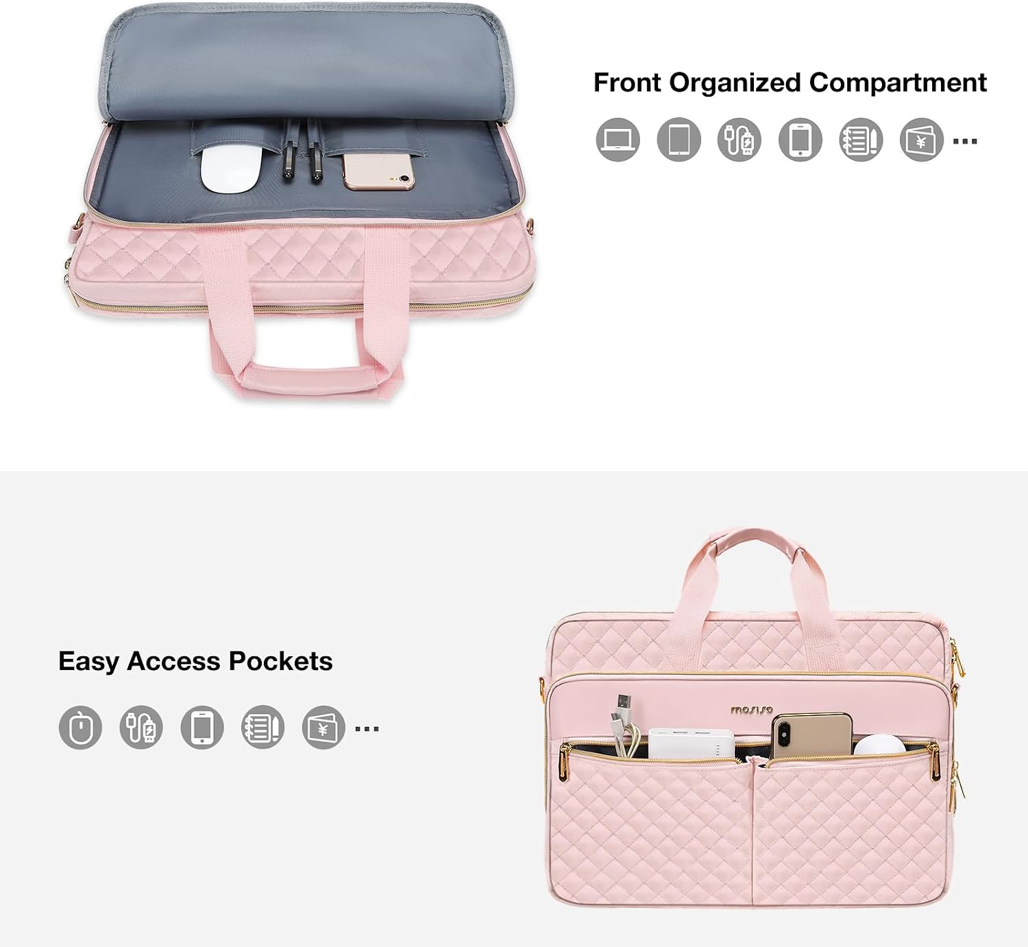 MOSISO Laptopväska, laptopväska, axelväska, dam, portfölj, handväska, kvadratisk quiltad laptopväska, axelväska, kontor, resor, affärer med 3 fickor och remmar