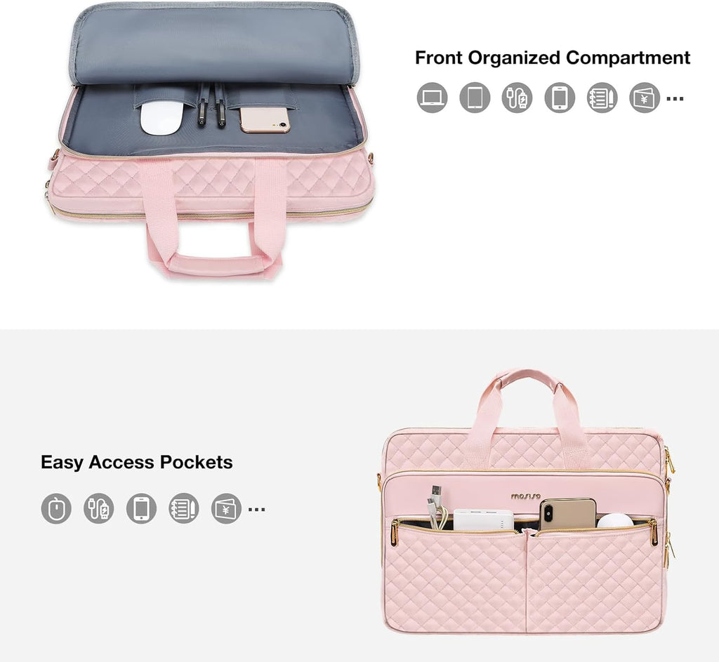 MOSISO Laptopväska, laptopväska, axelväska, dam, portfölj, handväska, kvadratisk quiltad laptopväska, axelväska, kontor, resor, affärer med 3 fickor och remmar