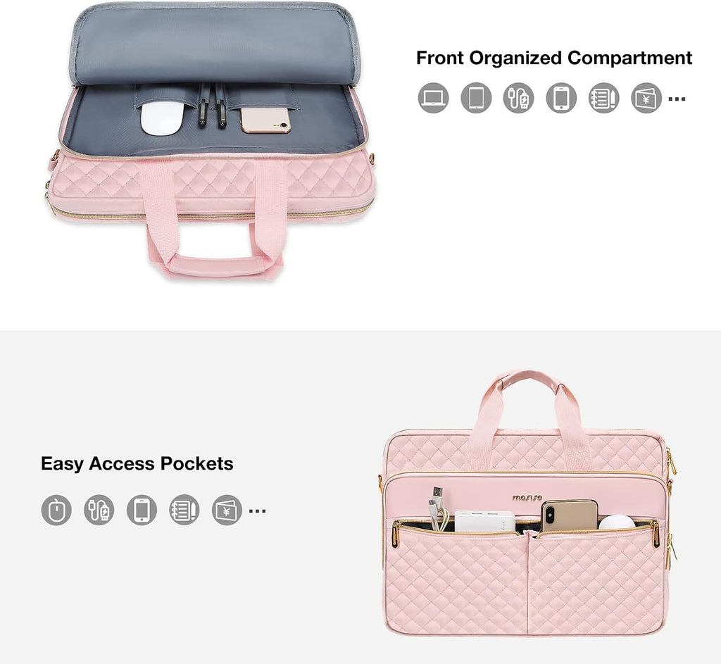 MOSISO Laptopväska, laptopväska, axelväska, dam, portfölj, handväska, kvadratisk quiltad laptopväska, axelväska, kontor, resor, affärer med 3 fickor och remmar