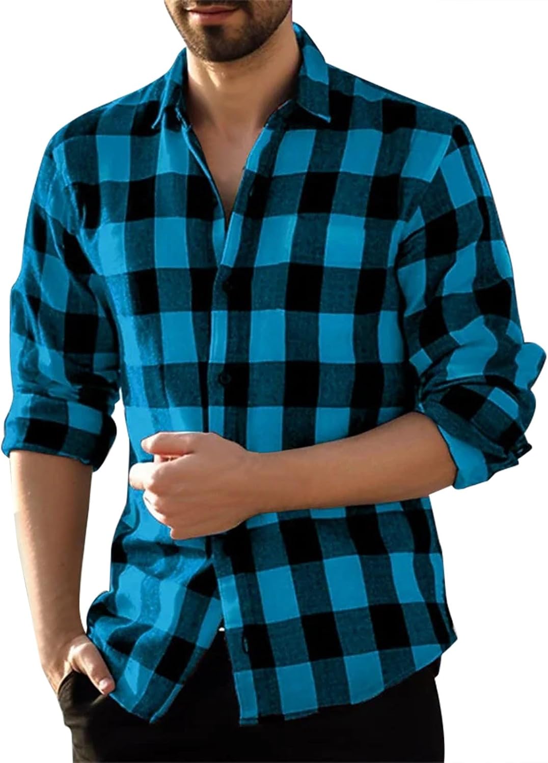 Långärmad vardaglig rutig flanellskjorta, rutig tartan button-down-skjortor för män nedfällbar krage mode avslappnad skjorta med knappar urban stilren herr toppar avslappnad smart långärmad