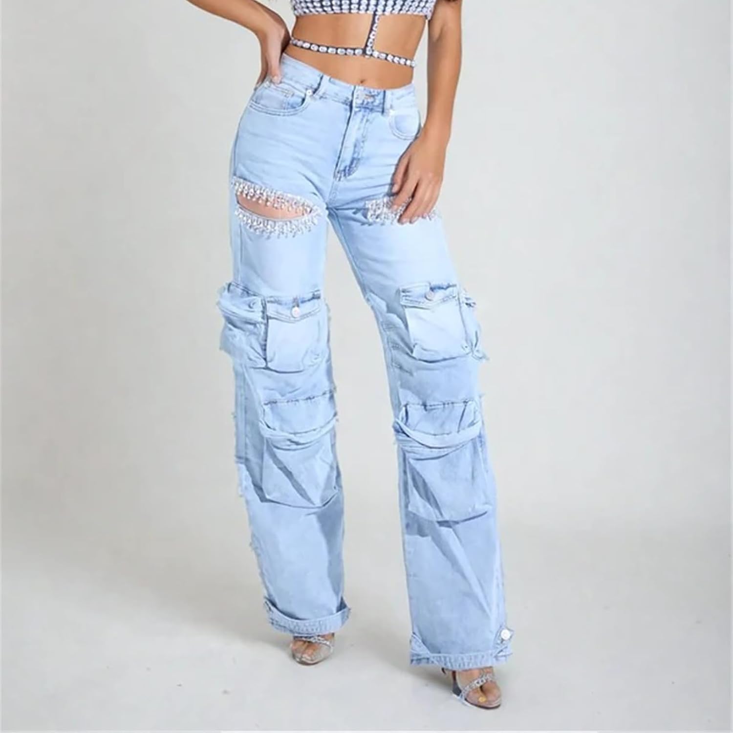 Kvinnor Baggy Ripped Jeans Strass High Waisted Cargo Jeans med Lockfickor Y2k Byxor med Vida Ben Streetwear Ripped Raka Jeans Sexiga Trendiga Jeans