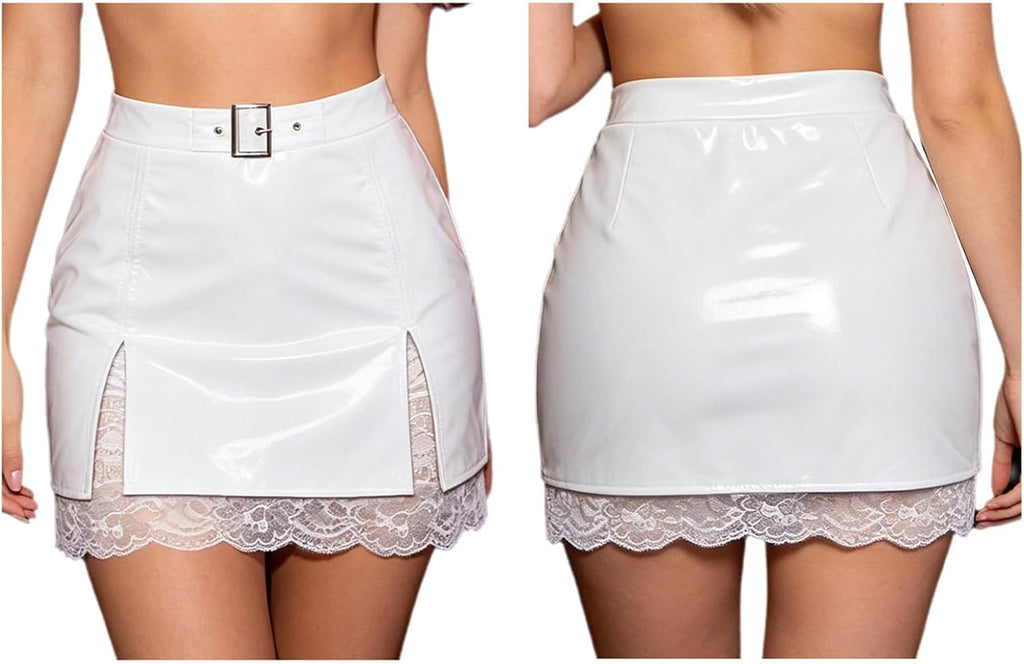 Hansber Dam Skrygga Metallisk Zip Up Split Skirt Bodycon Teddy Vinyl Stretch Miniskirt Pvc Våt Utseende Leather Clubkläder
