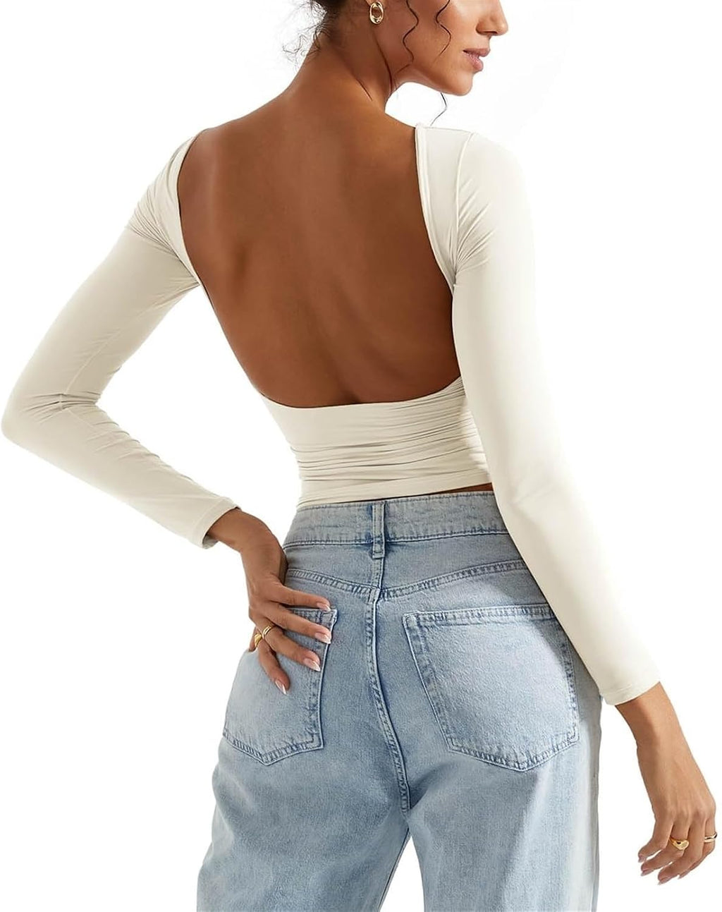Kvinnor Backless Going Out Tops Dubbelfodrad öppen rygg Basic långärmad(White,S)