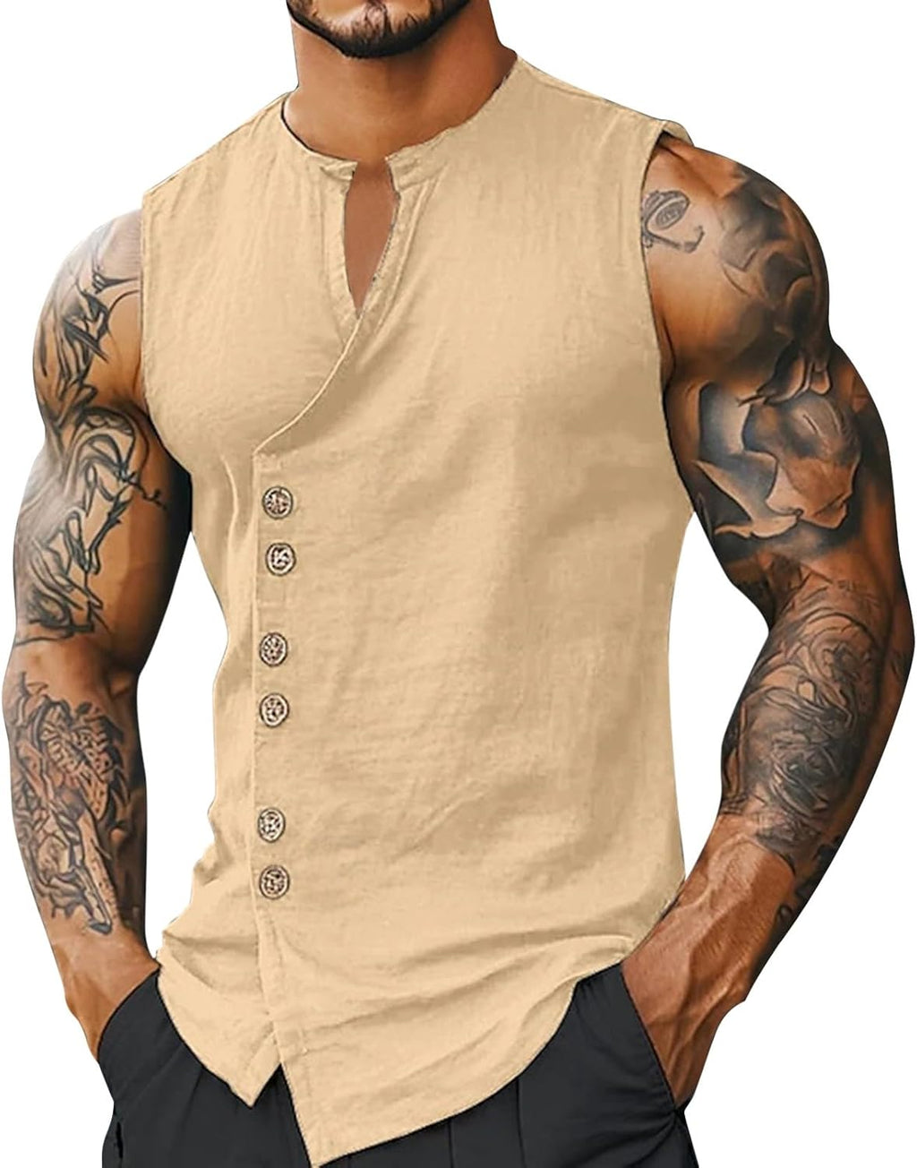 Linneskjorta herr ärmlös, linneskjorta herr bomull linne linne topp med knappslå fritid streetwear baggy t-shirt utan ärmar sommarskjortor casual träningströja snabbtorkande toppar