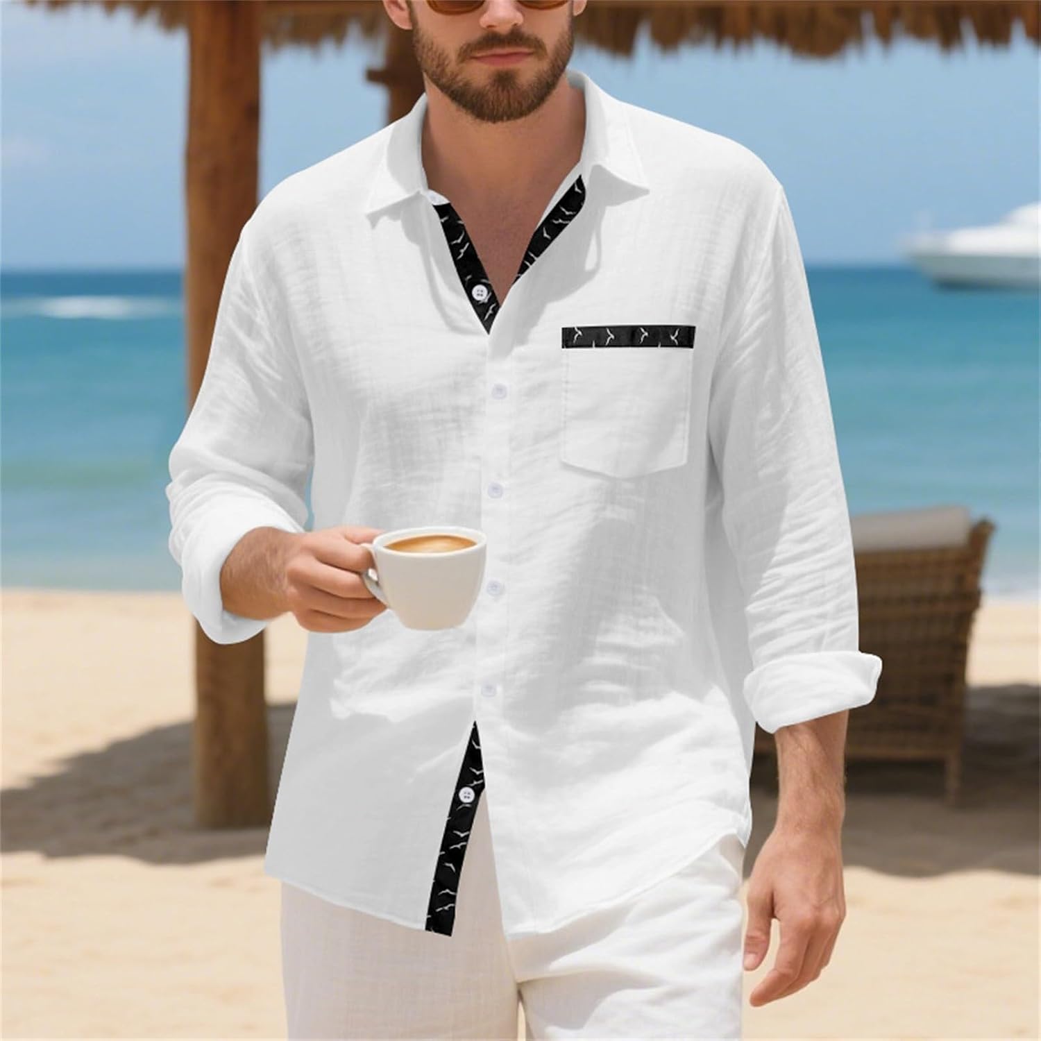 Herrskjorta linne hawaiiansk skjorta herr andningsbar skjorta långärmad chic skjorta överdimensionerad sommartopp med krage ledig minimalistisk baggy topp
