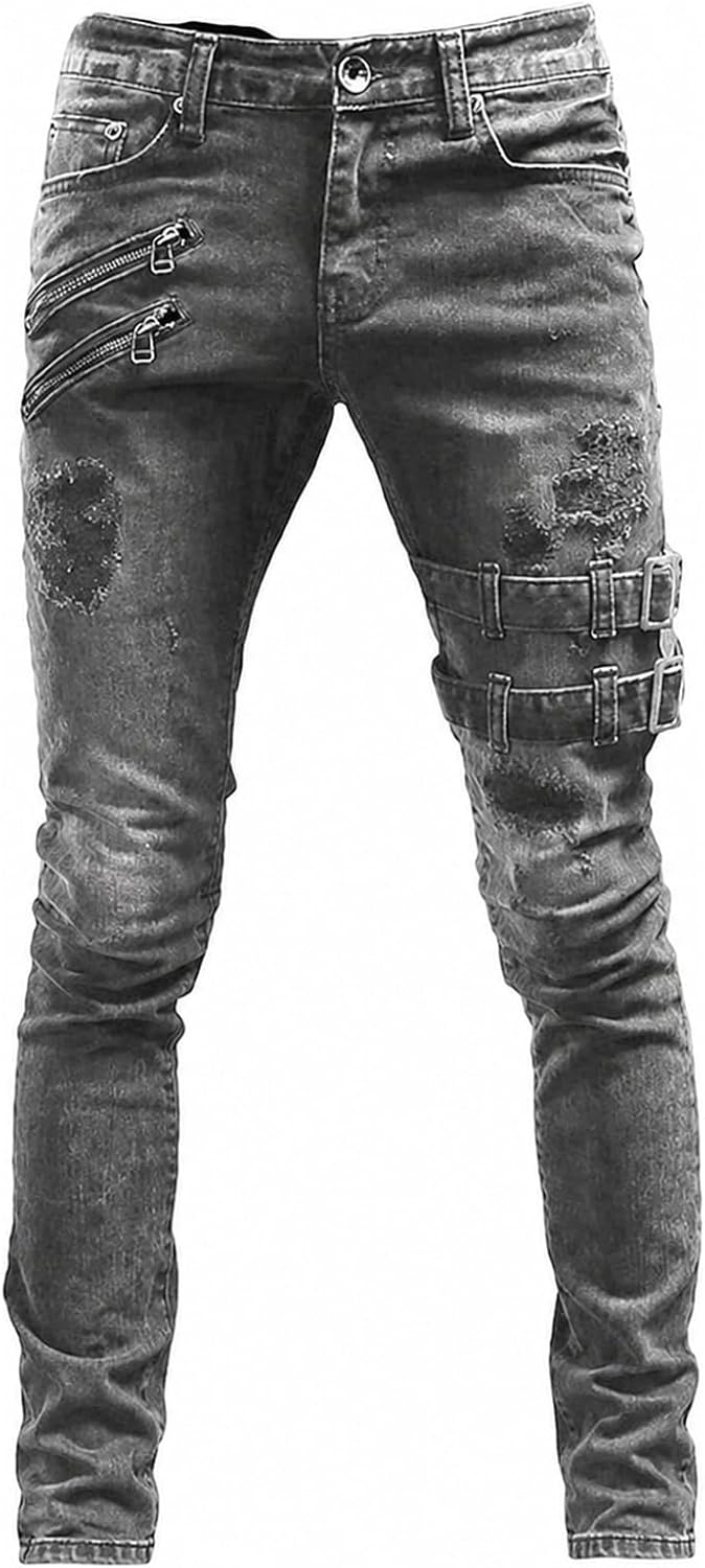 mäns motorcykel jeans dragkedja detalj stretch denimbyxor punk streetwear slim fit vardagsbyxor