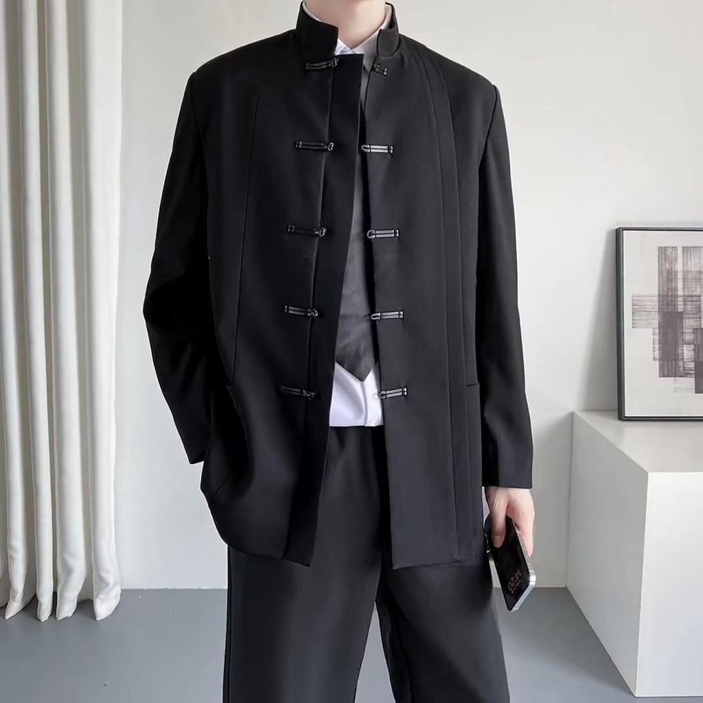 Casual Mandarin Collar Blazer FöR MäN LäTt Fodrad Business Coats Slim Fit Svart Kostymjacka