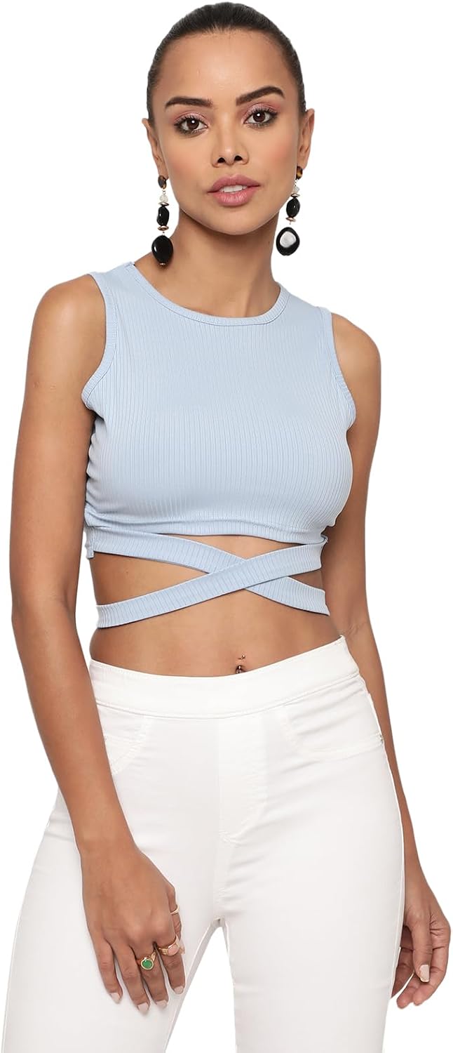 AVANOVA Kvinnor och flickor, solid ribbad rund hals, ärmlös crop toppar för kvinnor