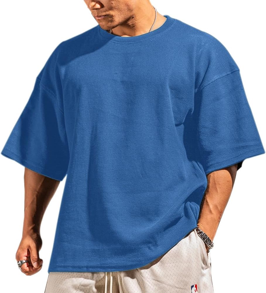 Muscle Alive Basic långärmad våffeltröja för män lös passform träning pullover rund hals skjorta