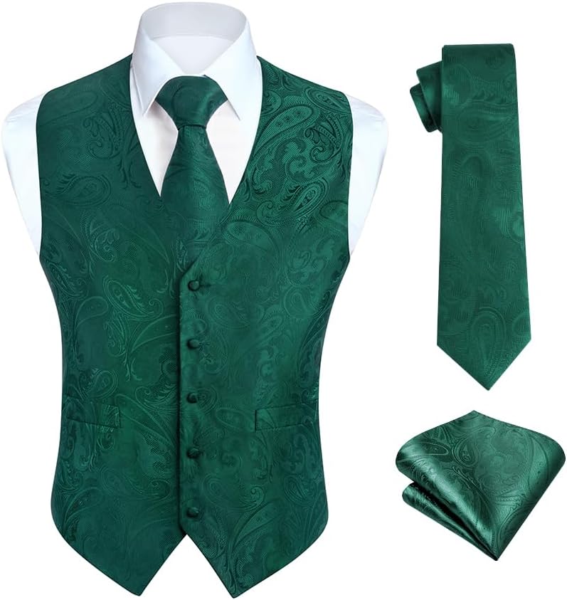 Hisdern Herrväst med paisleymönster, blommig jacquard-slips, bröstnäsduk och näsduk, perfekt för bröllop, fest eller affärsmöten, väst-set för kostym i storlekarna XS–6XL