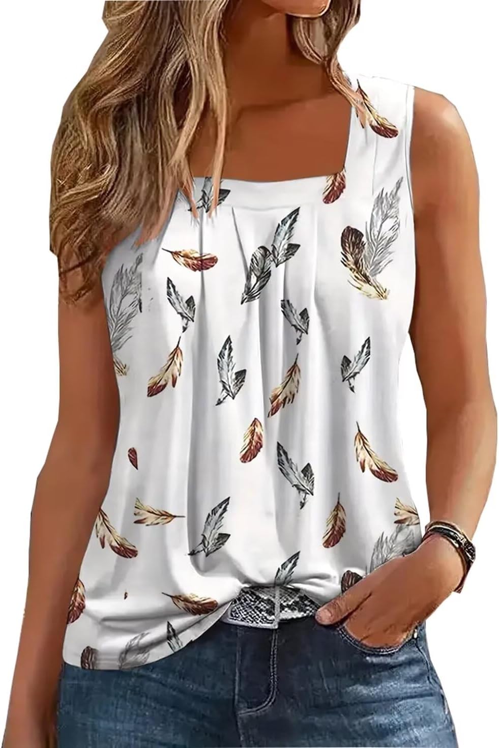 AIMITAG Färgblock veckad fyrkantig krage linne kvinnor randig tank t-shirt sommar ledig lös passform ärmlös skjorta