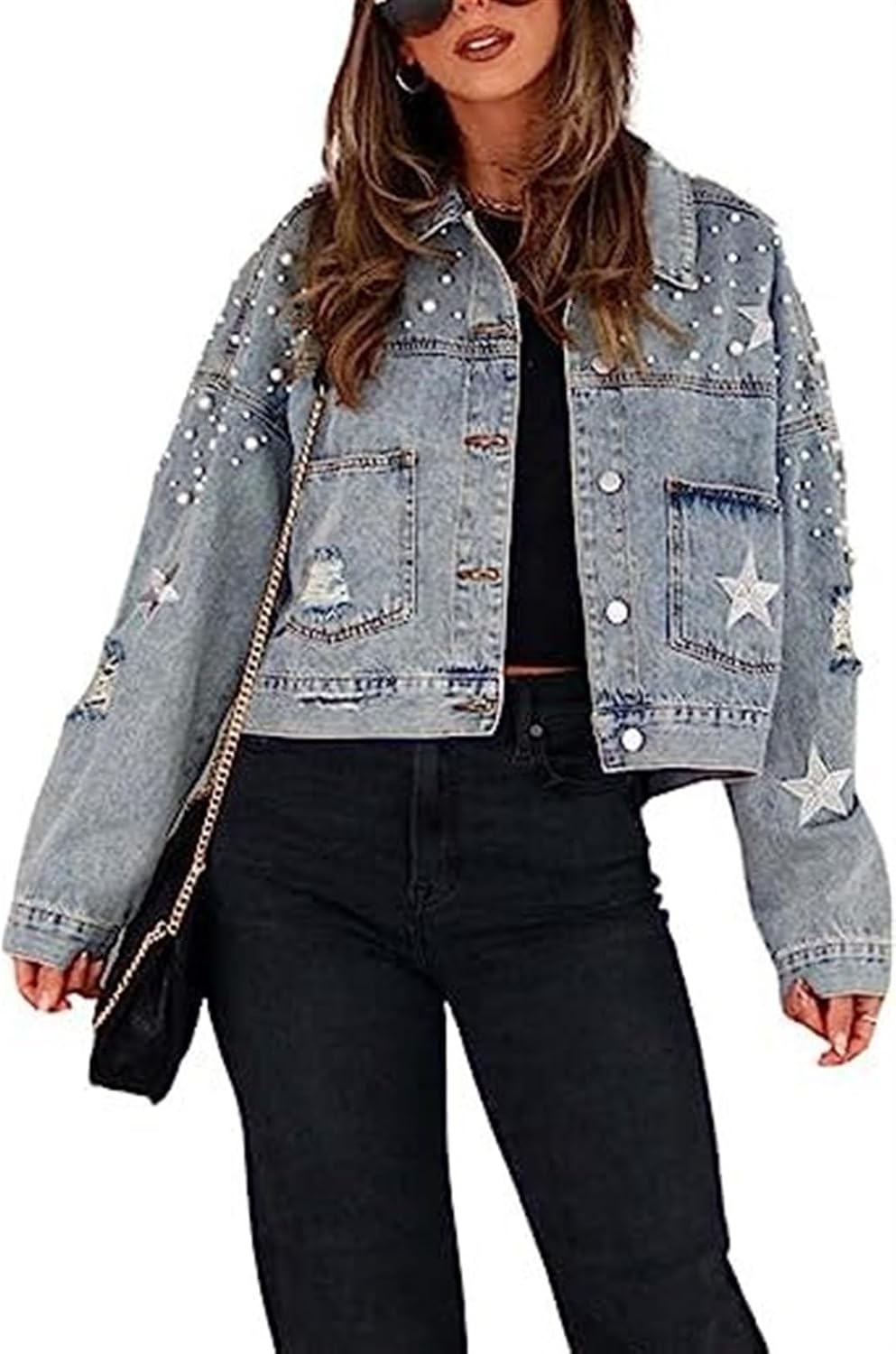 Womens Cropped Pearls Beading Jean Jacket Ripped Star Broderad jeansjacka Coat