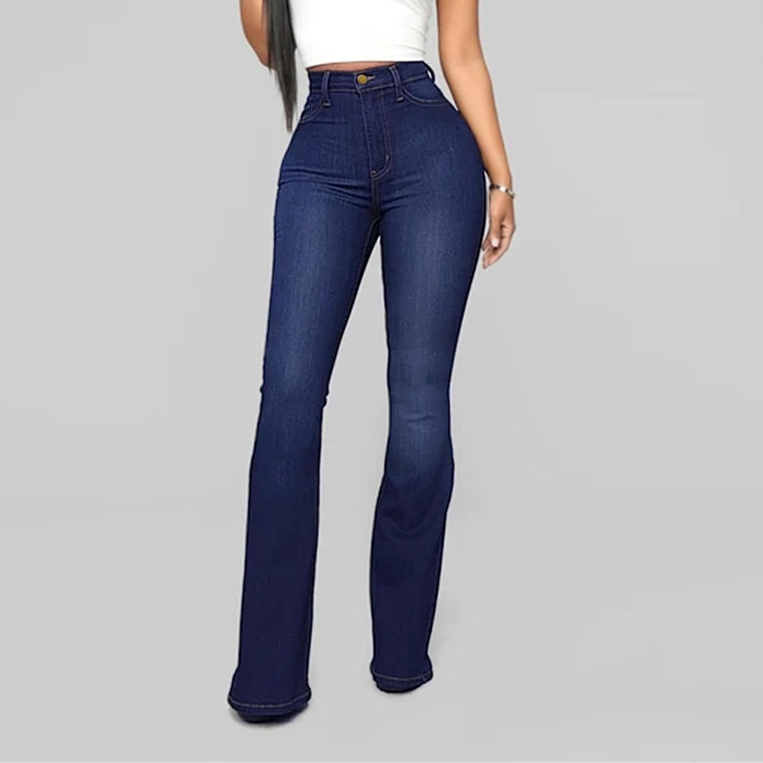 Kurviga jeans för kvinnor Damjeans med hög midja, utsvängda jeans, bootcut med stretch, vida ben och casual byxor