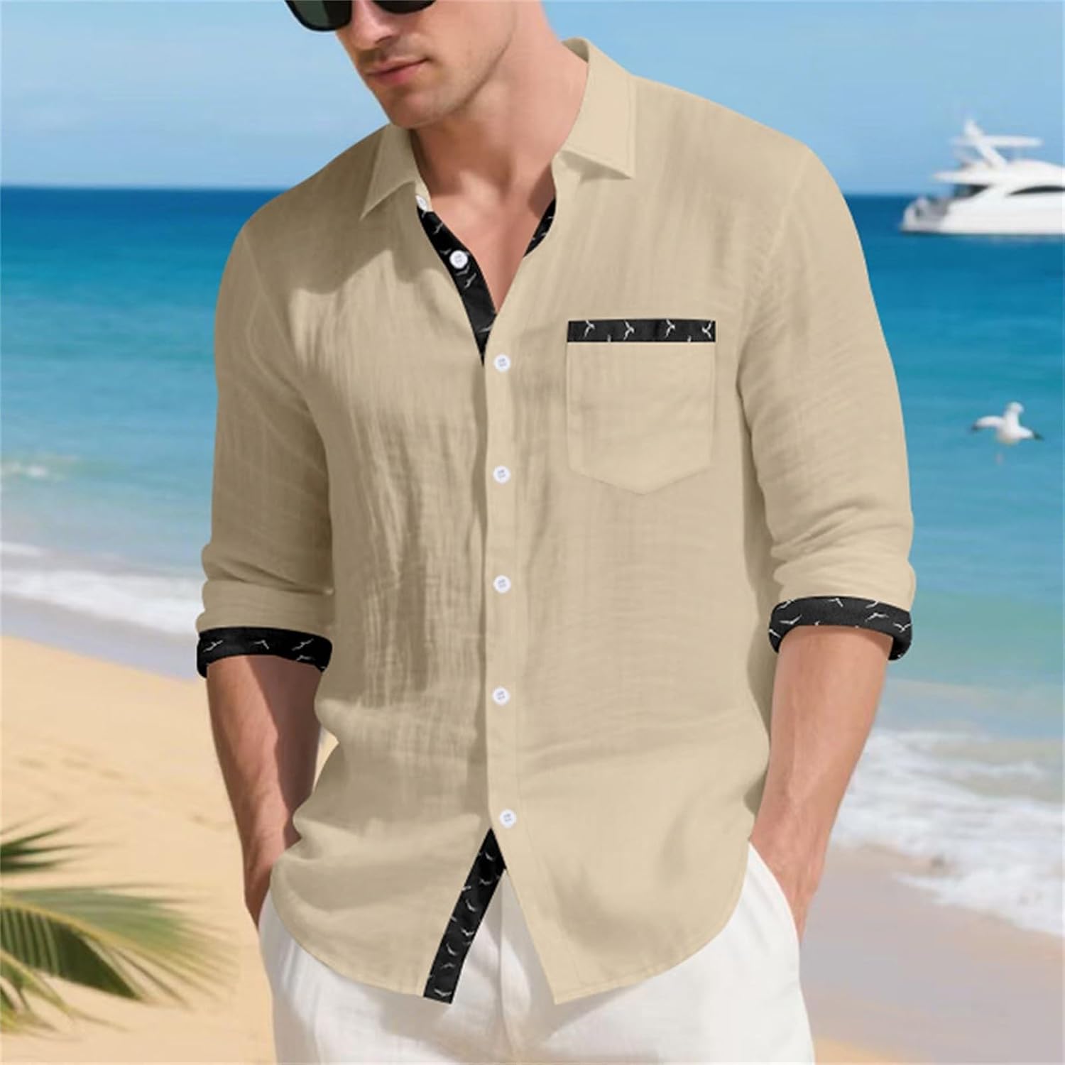 Herrskjorta linne hawaiiansk skjorta herr andningsbar skjorta långärmad chic skjorta överdimensionerad sommartopp med krage ledig minimalistisk baggy topp