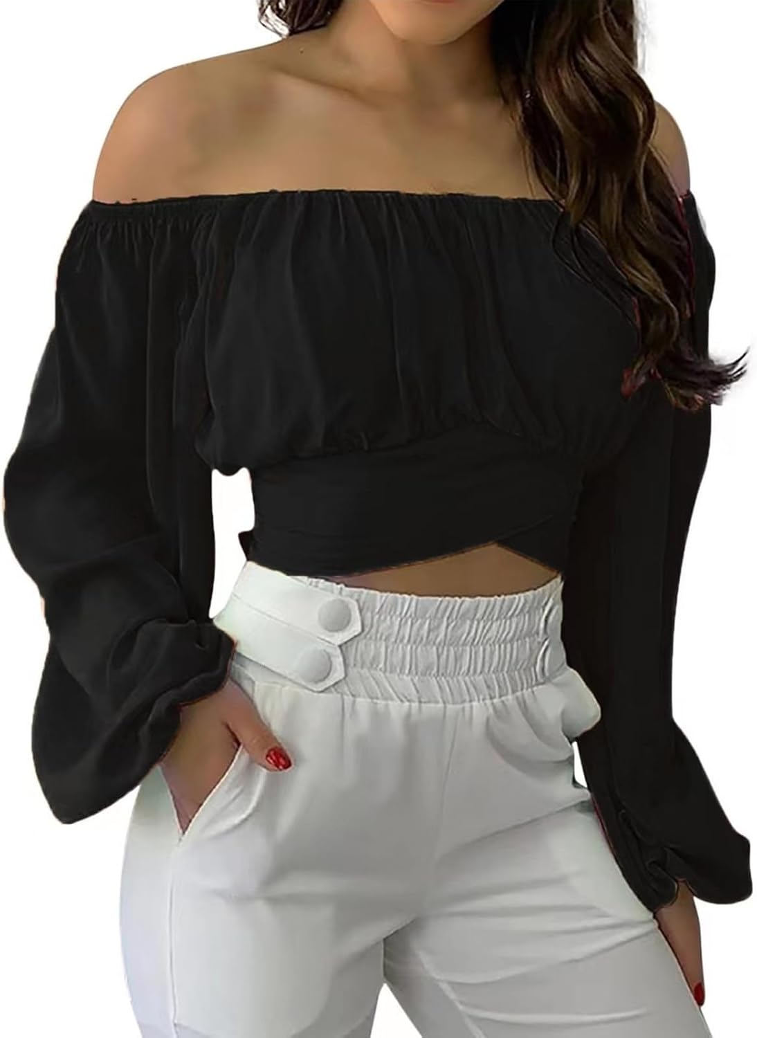 Off Shoulder Dam Crop Top Elegant Lanternärm Långärmad Rynkad Knytskärp Blus Sexy Shirt Semester Party Clubwear
