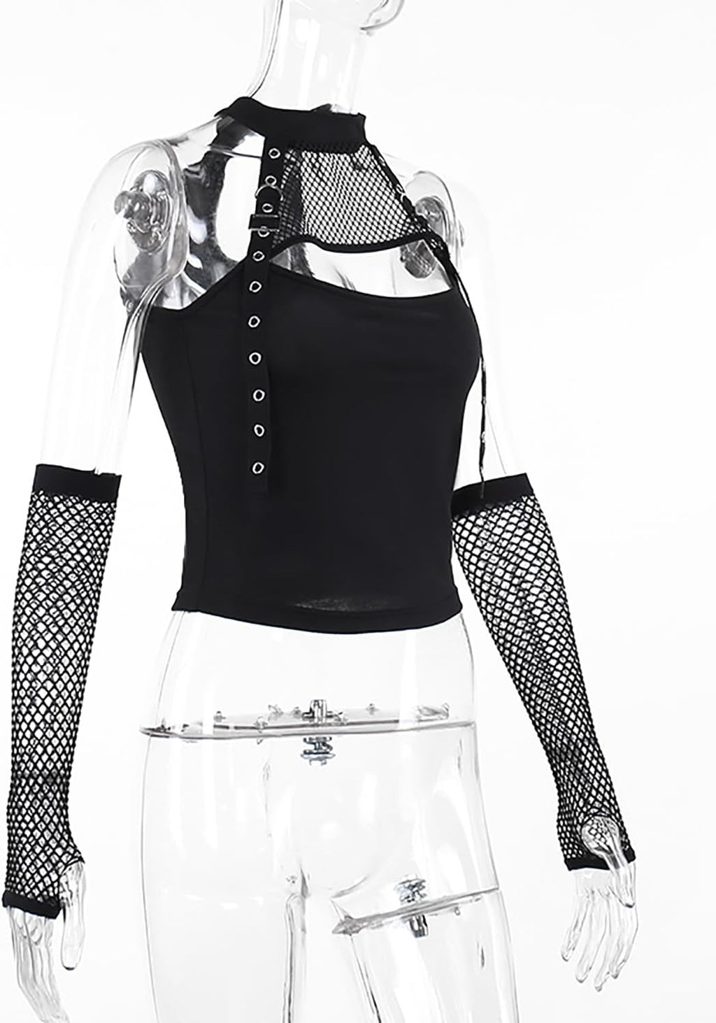 Damer crop top fisknät nät genombrutet nackhållare topp damer gotiska kläder damer