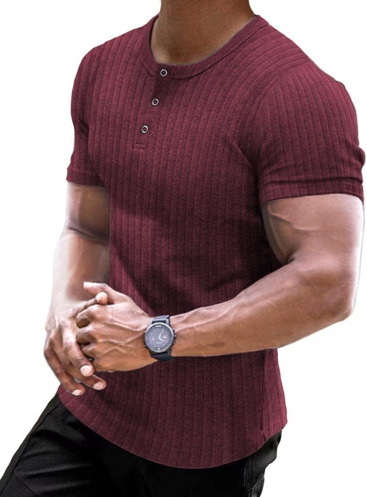 Muscle CMdr mäns ribbad Henley-skjorta kortärmad smal passform muskelskjorta anpassad bomull vardaglig långärmad