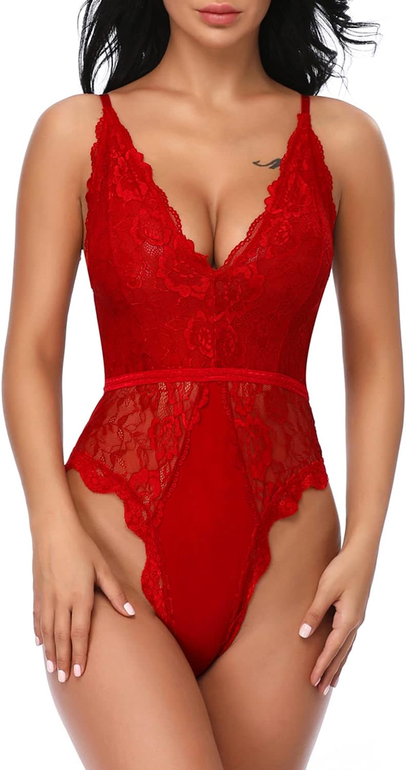 EVELIFE Dam Sexiga Teddy Underkläder One Piece Spets Babydoll Bodysuit med Djup V-ringad